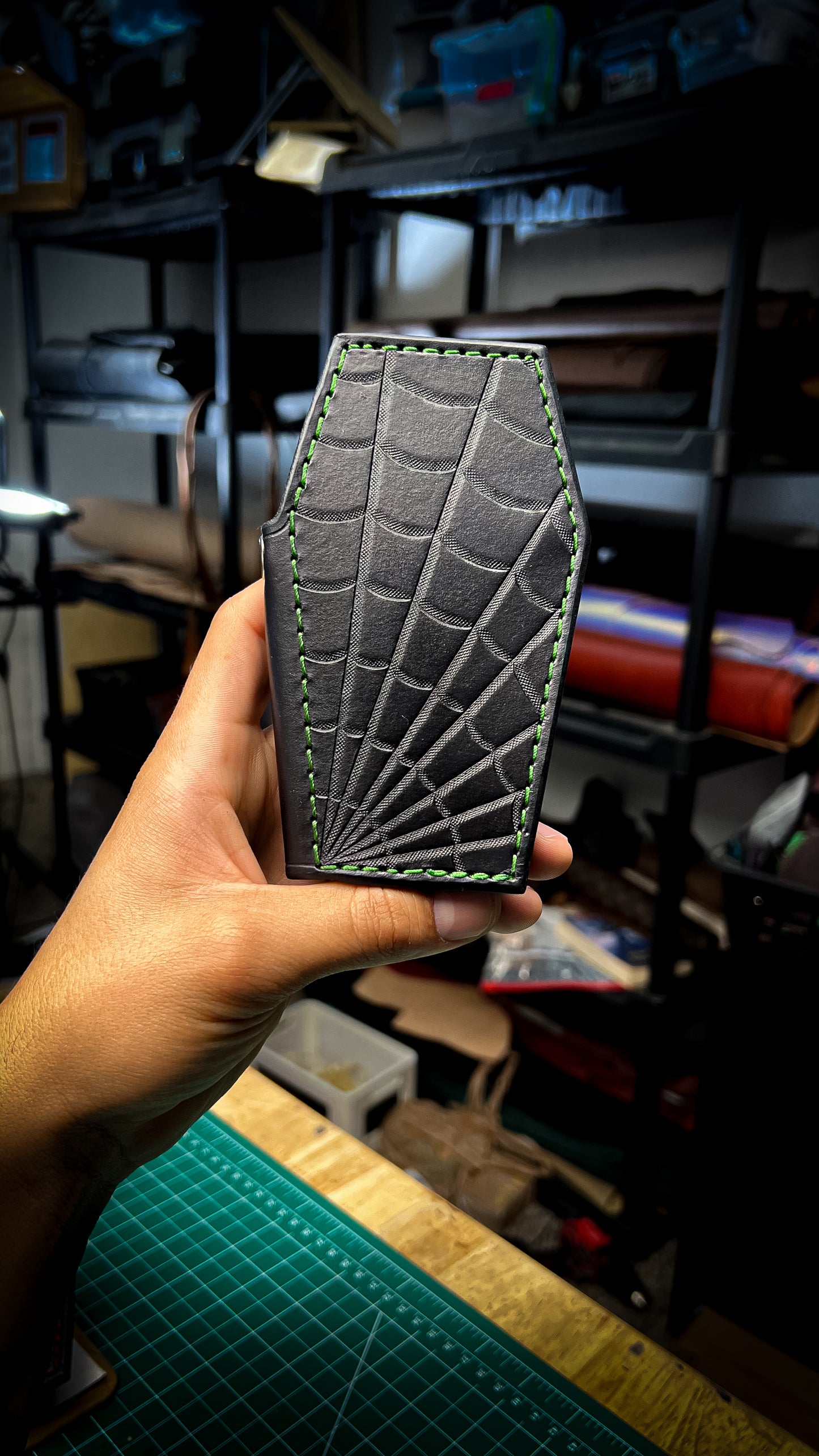 Mini Tooled Spiderweb Coffin Wallet - Black