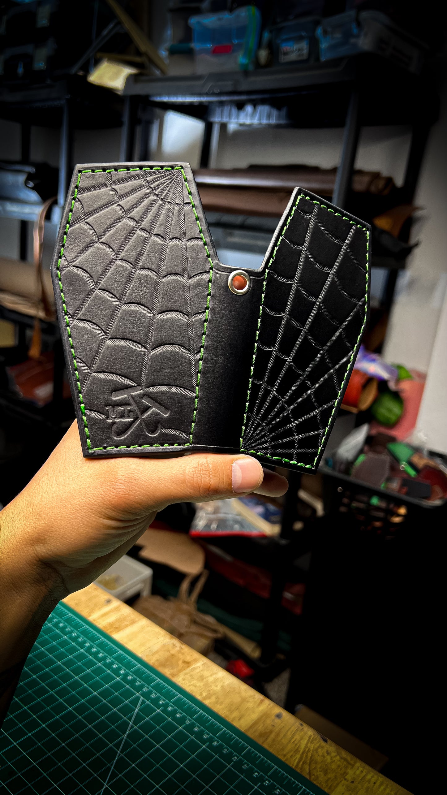 Mini Tooled Spiderweb Coffin Wallet - Black