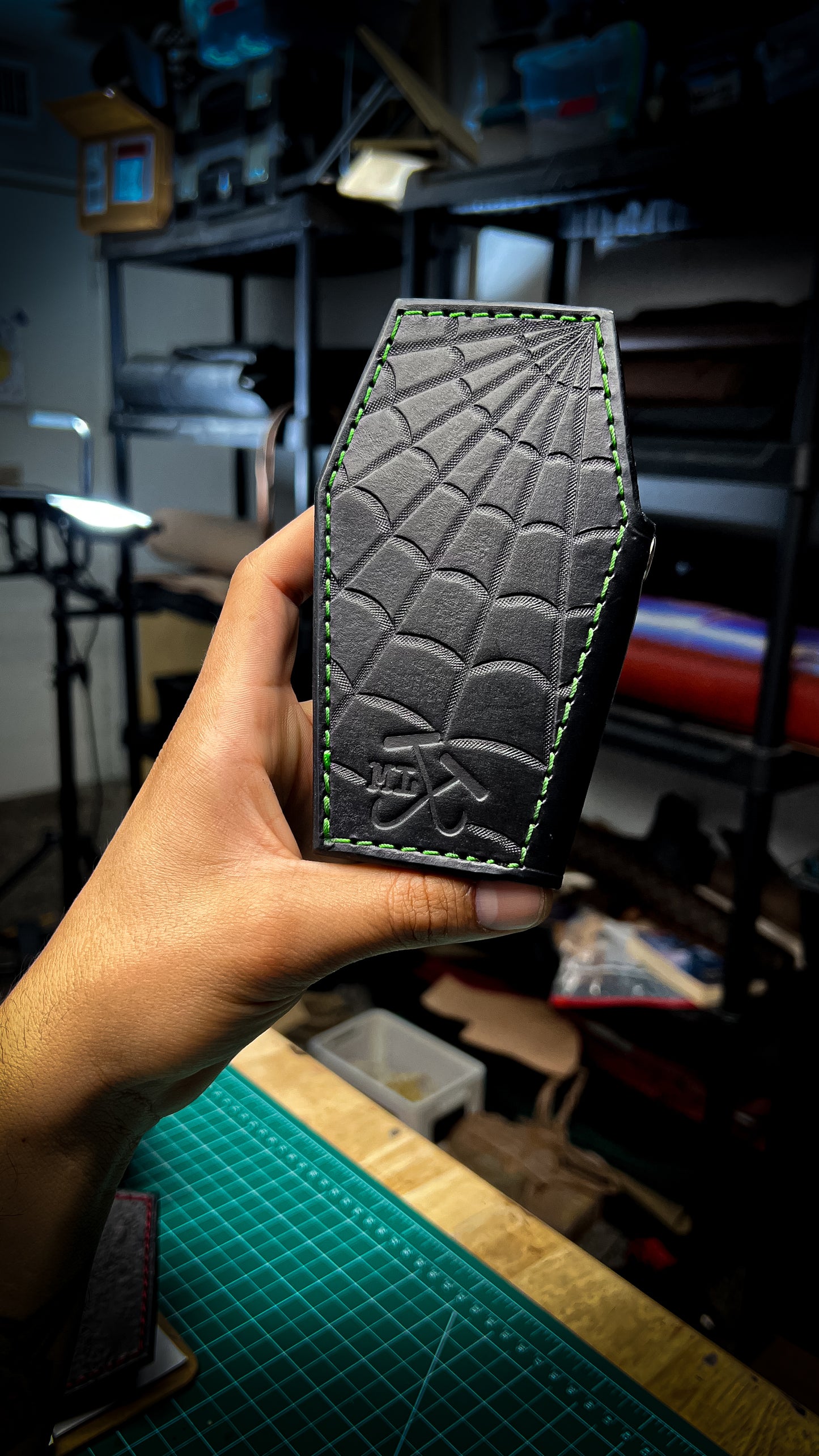 Mini Tooled Spiderweb Coffin Wallet - Black